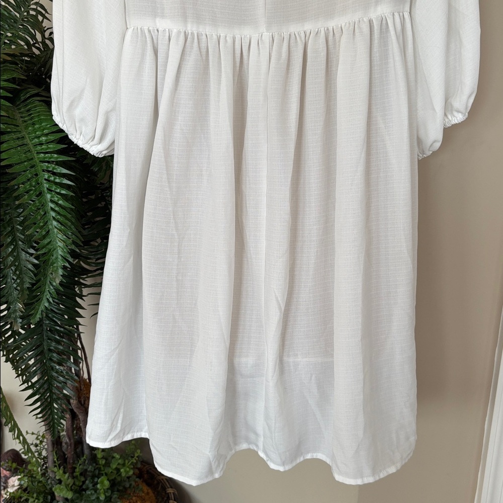 White Colorful Embroidered Tassel Babydoll Dress Puff Sleeves Beach V-Neck Mini - Picture 9 of 12